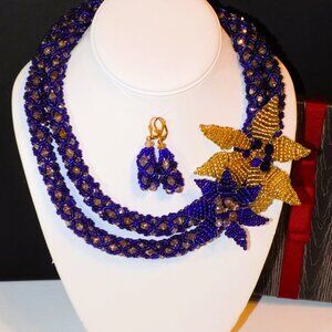 NIB Hand-Beaded Statement Floral Tube Necklace & Earrings Set Blue & Gold, Glass